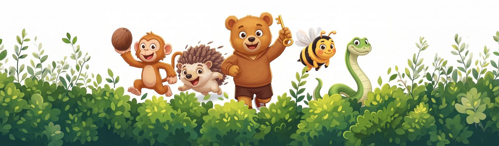 Altın anahtarla koşan BrambleWorld ayısı; ardında maymun, kirpi, arı ve yılan.
