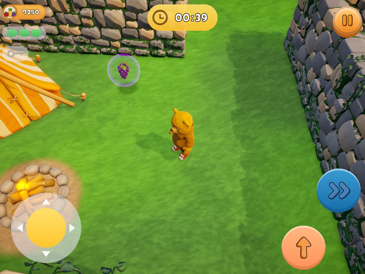 The bear on the grass with a campfire and the corner of a striped tent to its left, a bunch of grapes floating in a bubble ahead.