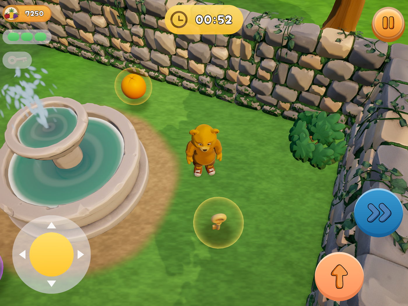 The bear beside a stone fountain, an orange glowing on the grass and a mushroom sealed in a bubble below.