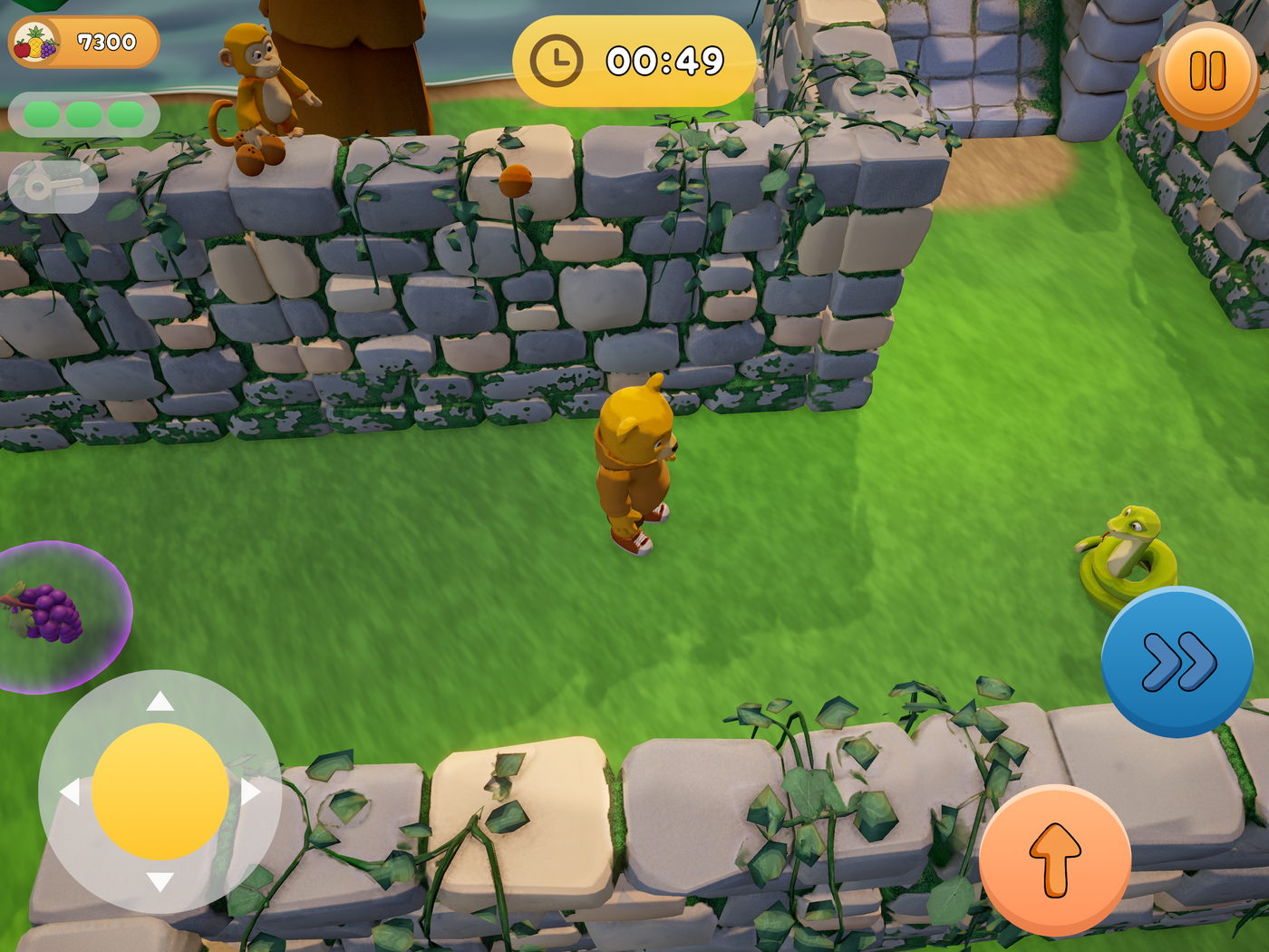 The bear under a high stone wall with a monkey sitting on top, a green snake coiled on the grass to the right.