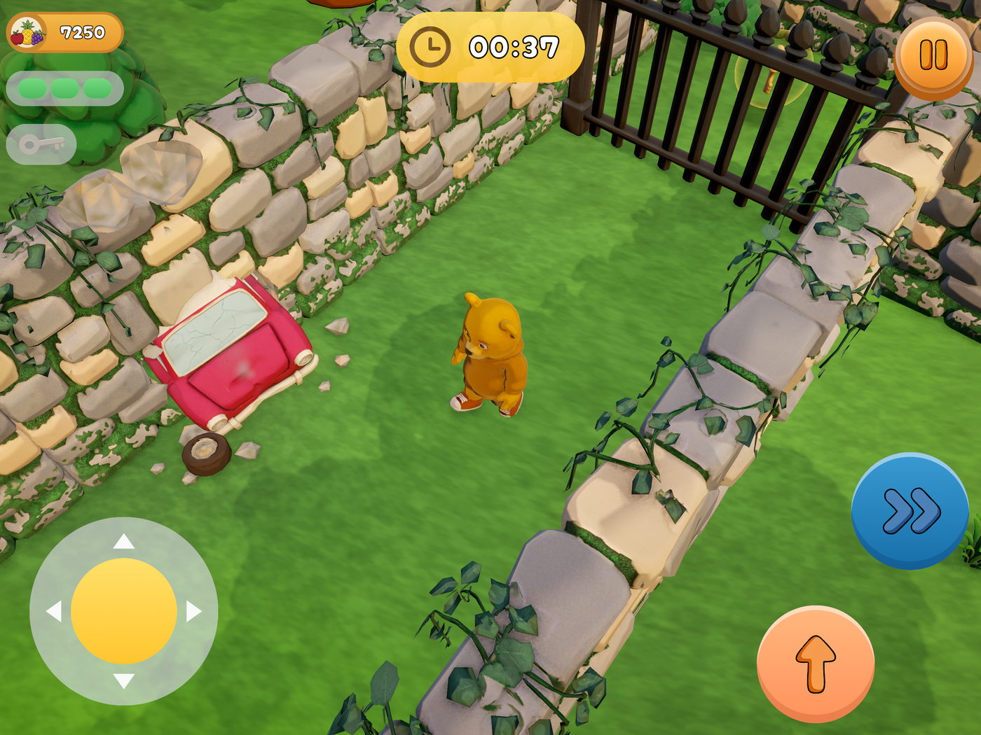 The bear beside a crashed red car and its loose wheel, a tall iron gate at the head of the garden.