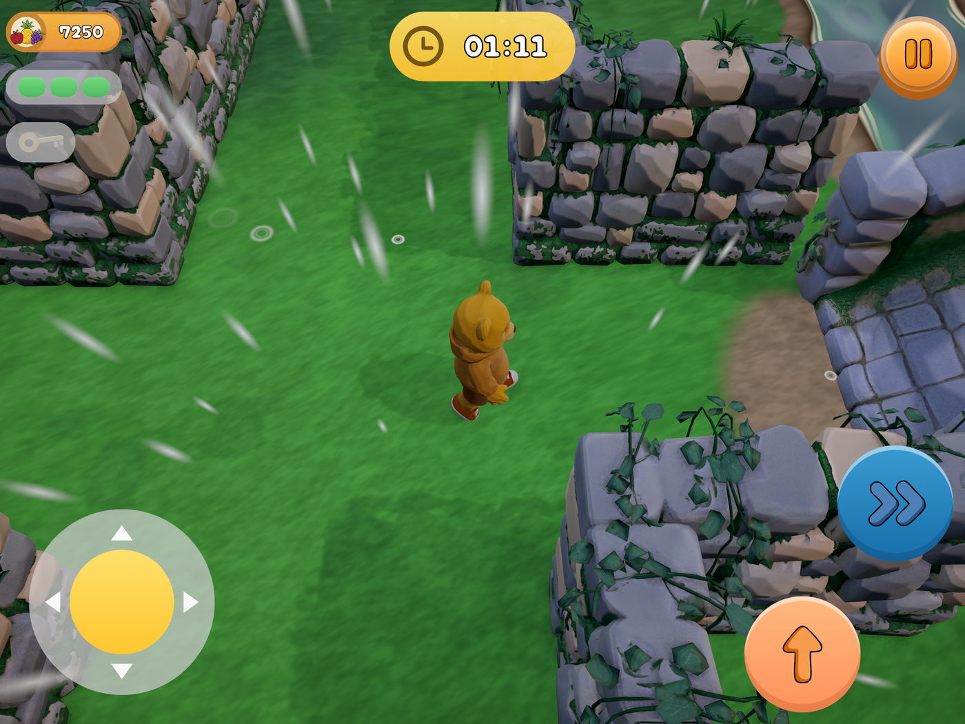The bear on a wide green path in the rain, walls closing in on three sides and drops ringing the grass.