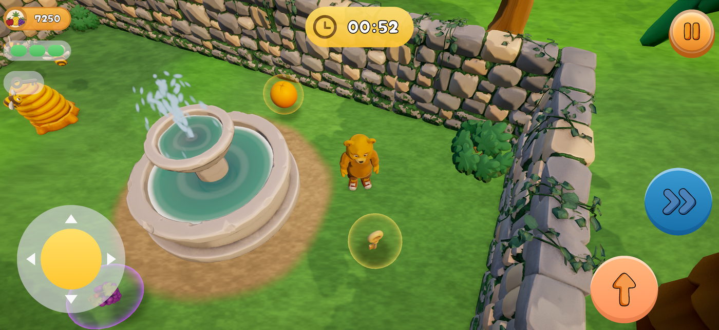 The bear beside a stone fountain, an orange glowing on the grass and a beehive back against the far wall.