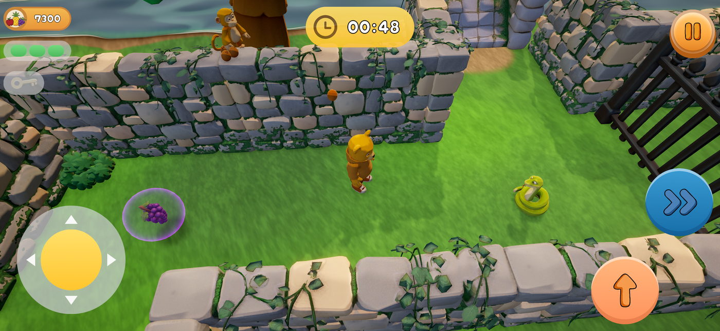 The bear in a grassy corridor, a monkey watching from the wall above and a green snake coiled ahead.