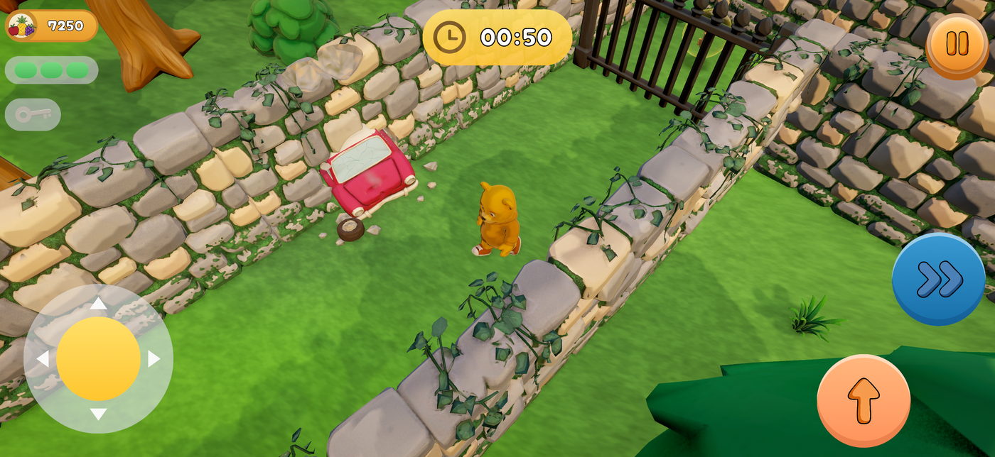 The bear next to a crashed red car tipped against an ivy-covered wall, a tall iron gate beyond it.