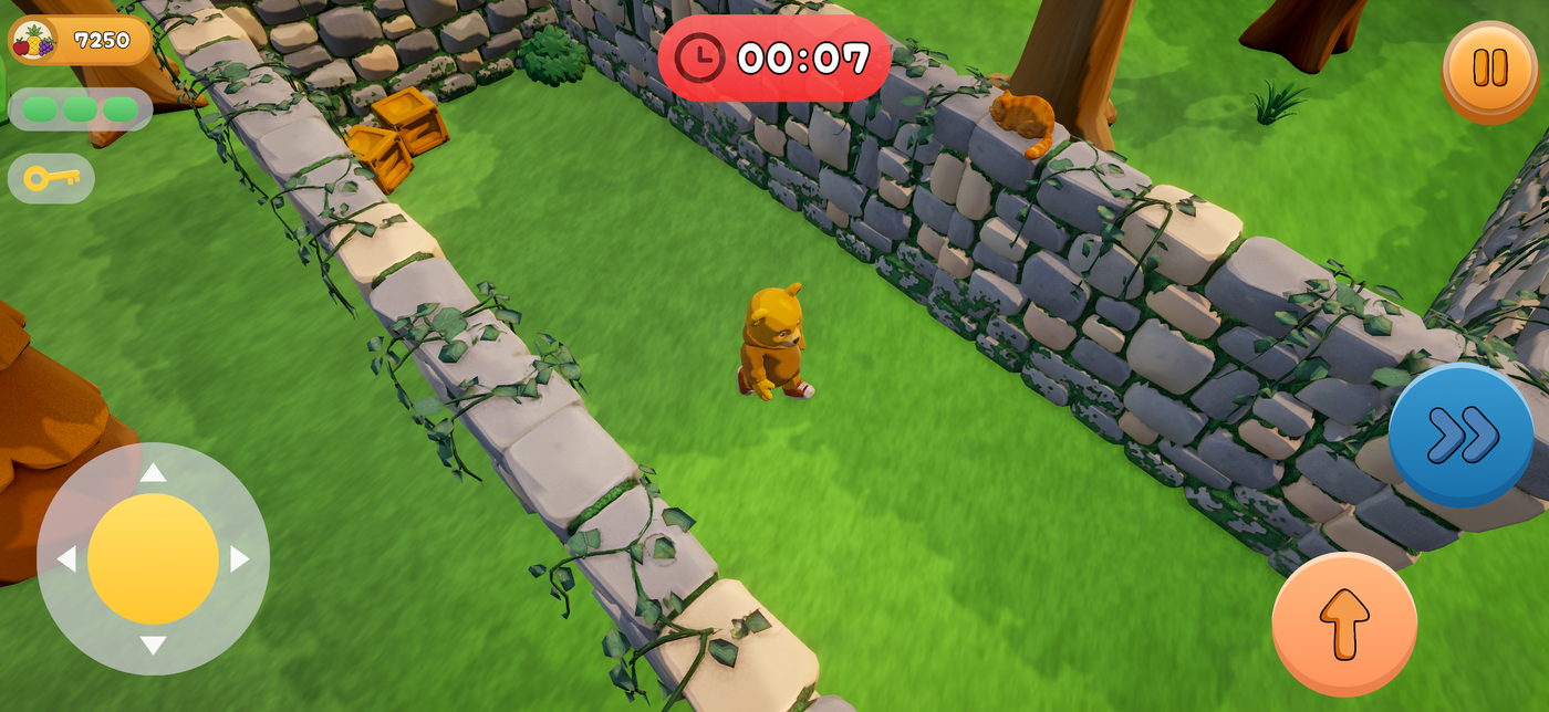 The bear running along a low ivy wall with a ginger cat asleep on top, seven seconds left on the clock.