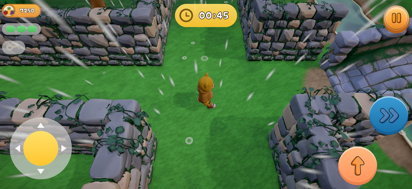 The bear where three walled paths meet in the rain, drops ringing the grass around it.